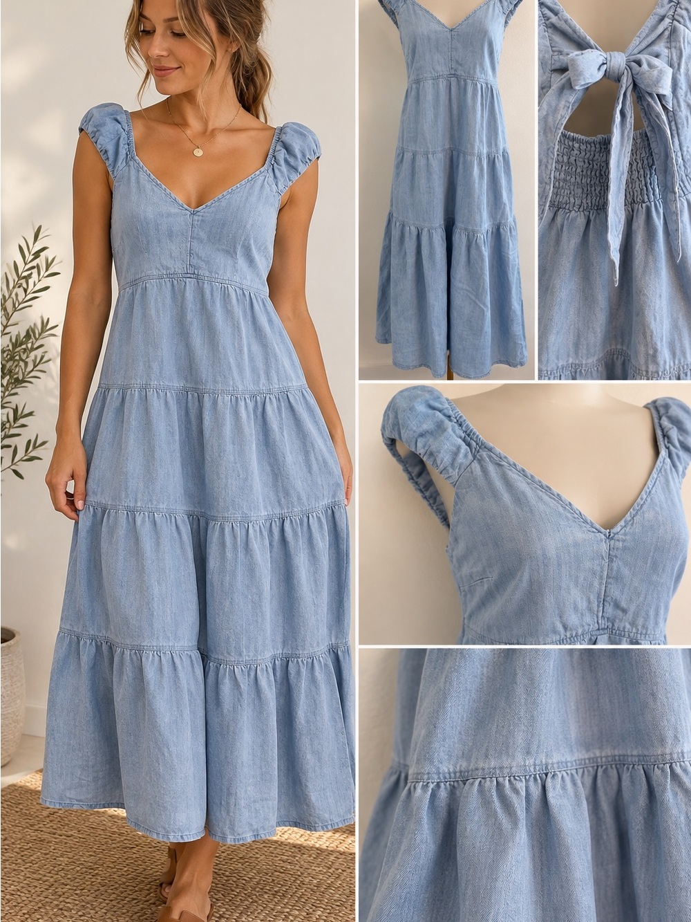 Old Navy Light Blue Chambray Tiered Maxi Dress